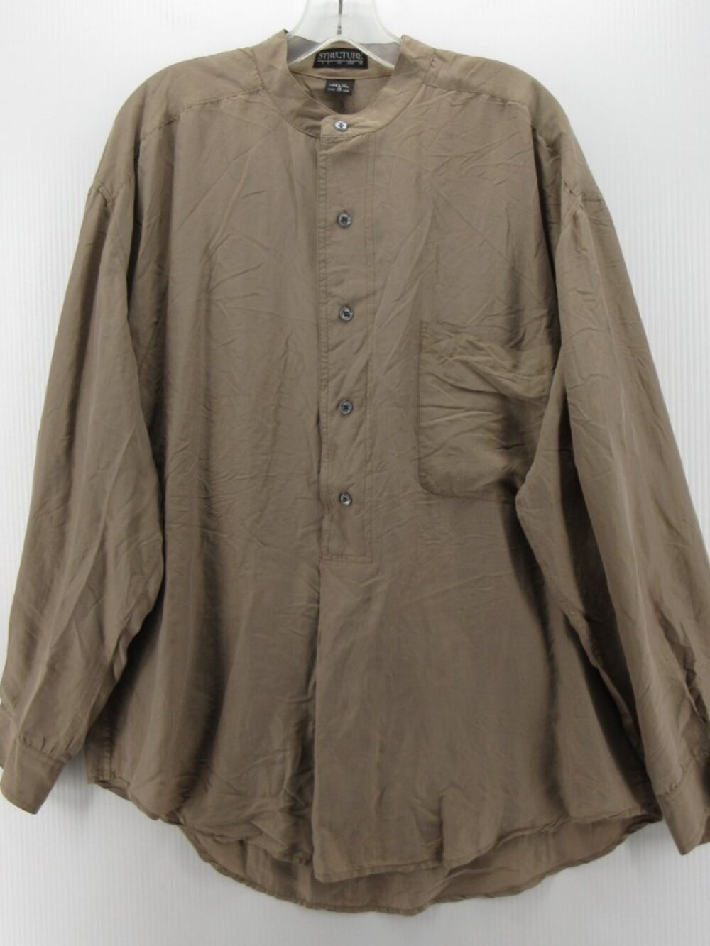 VINTAGE Structure Shirt Medium Silk Oversized Henley Band Collar *